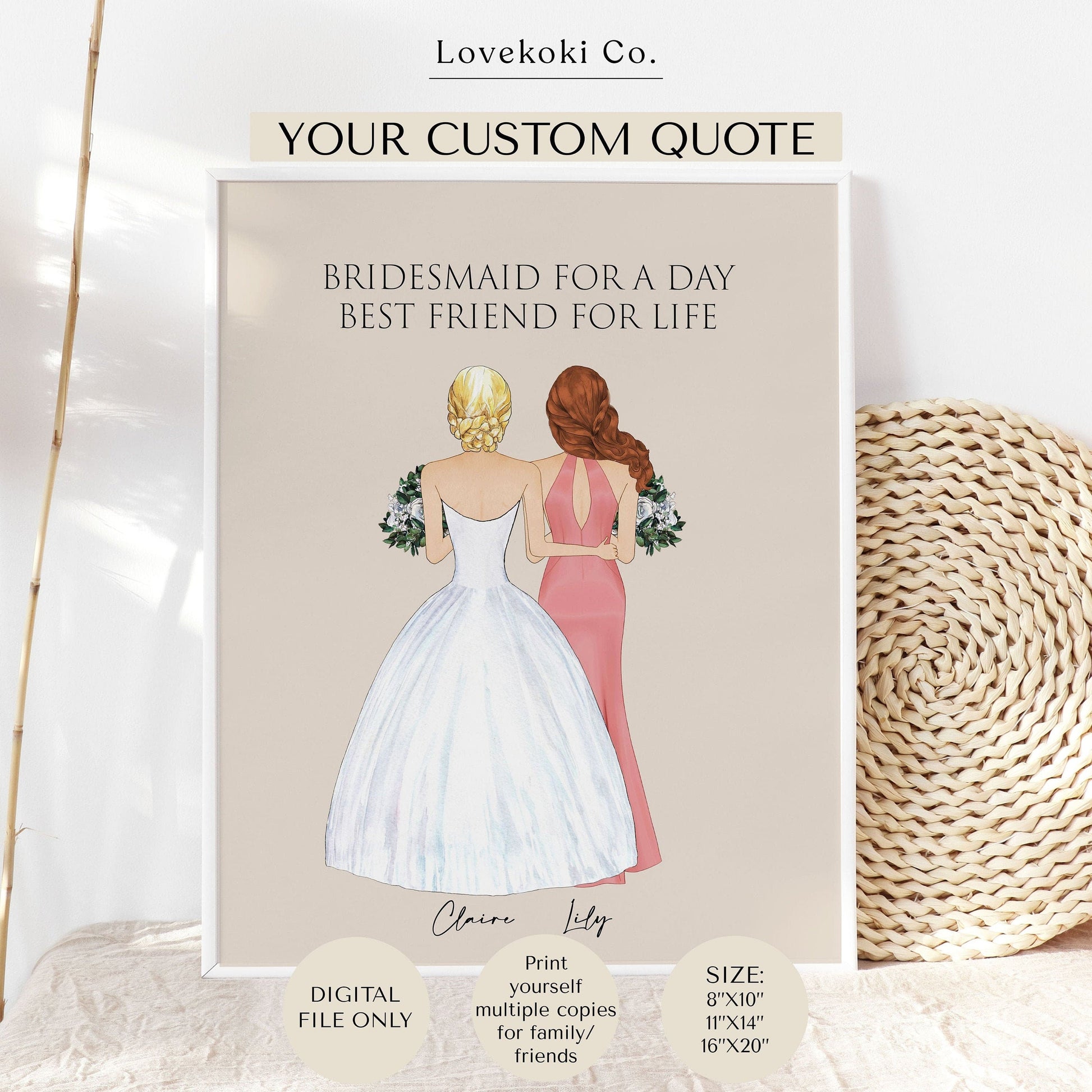 Bride and Maid of Honor Custom Drawing Art