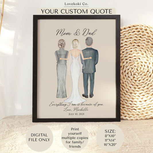 Bride and Parents Custom Wedding Portrait Illustration