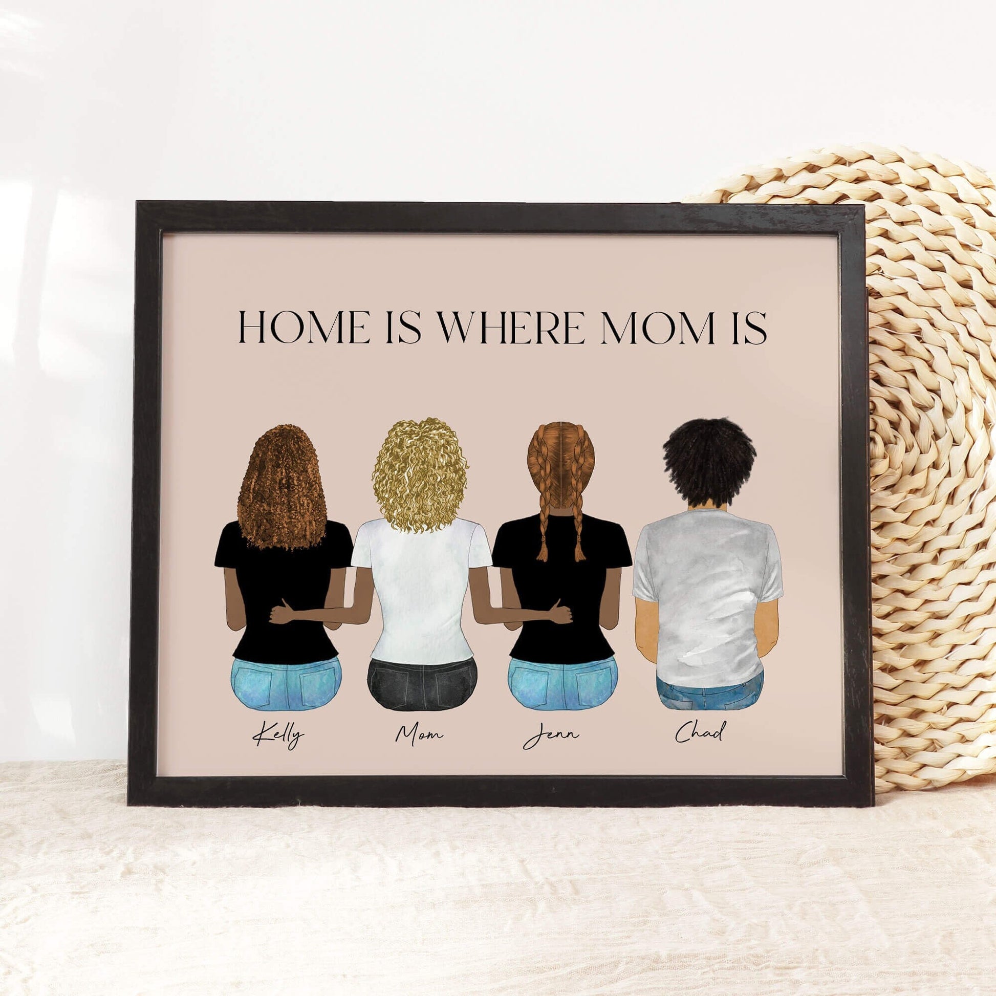 Custom Mom, Daughter and Son Portrait Wall Art with Quote "Home is Where Mom Is"