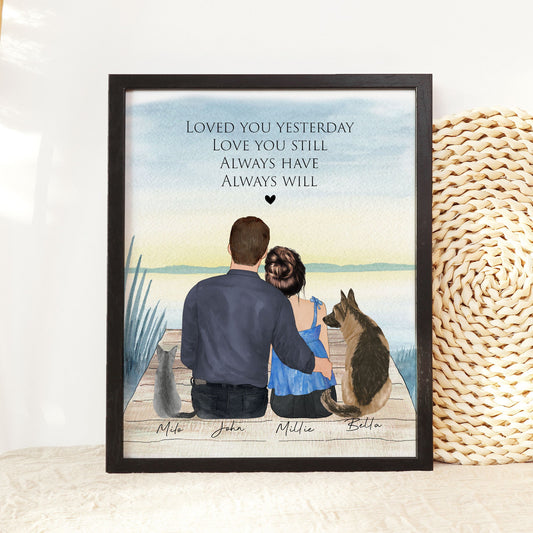 Personalized Couple portrait with pets, Dog illustration custom print, Anniversary gift, Engagement gift for couple dog, Christmas Gift