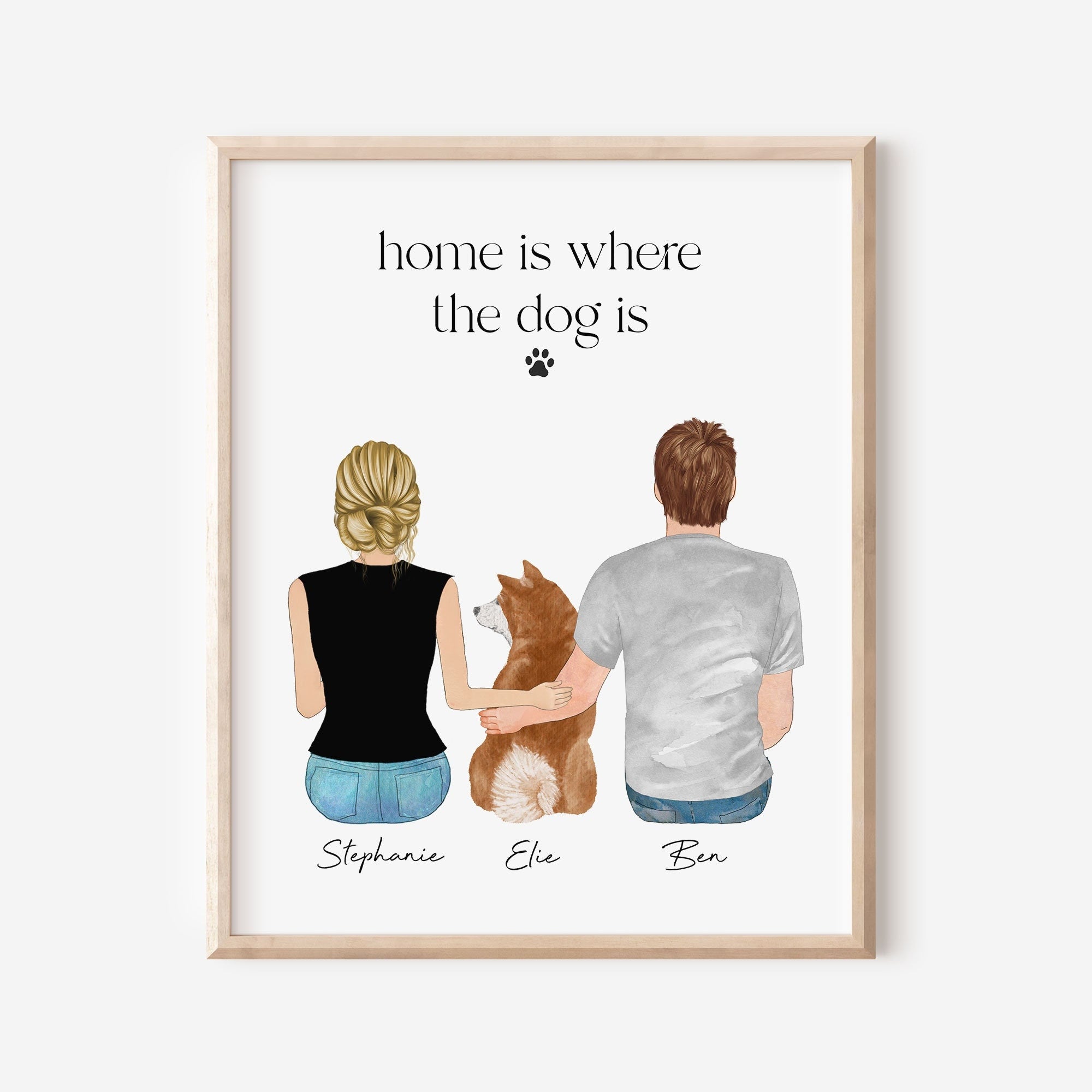 Personalised Family Dog Print, Couple newest Dog Print, Couple and Pet, Couple illustration, Custom Portrait, Anniversary Gift, Personalised Decor