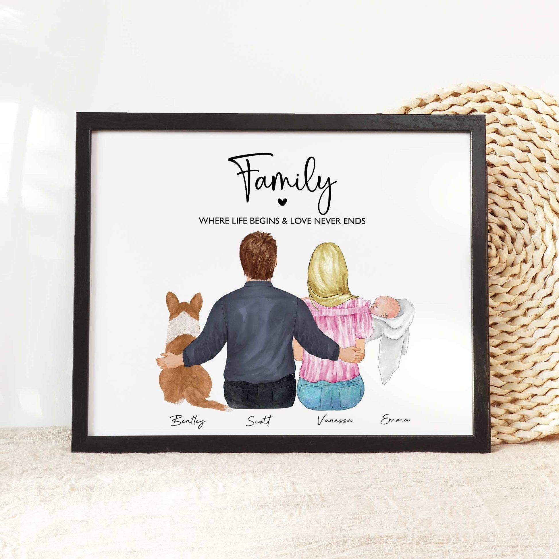 Custom Family Portrait with Baby and Pet Illustration Wall Art