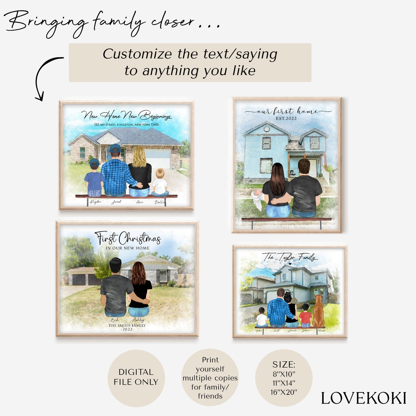 Custom Family Art Illustration with Watercolor House Background