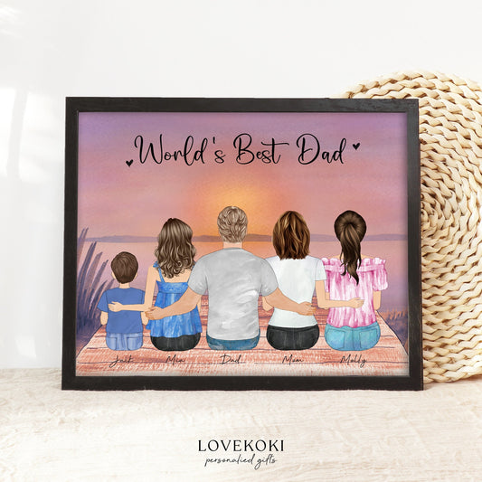 Best Dad Ever Custom Dad and Daughter & Son Illustration Wall Art Print