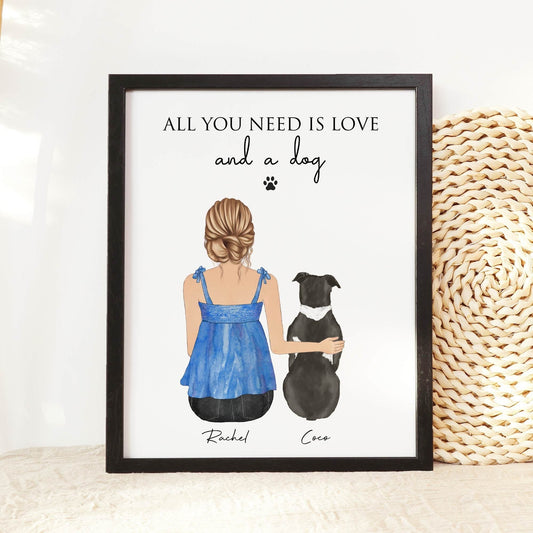 "All you need is love and a dog" Custom Dog and Girl Illustration Wall Art