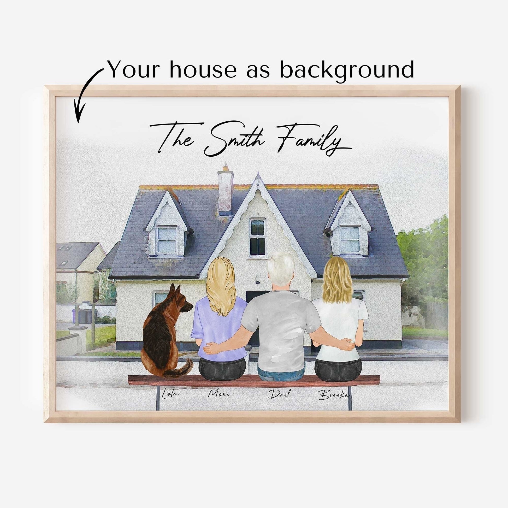 Custom Family Art Illustration with Watercolor House Background