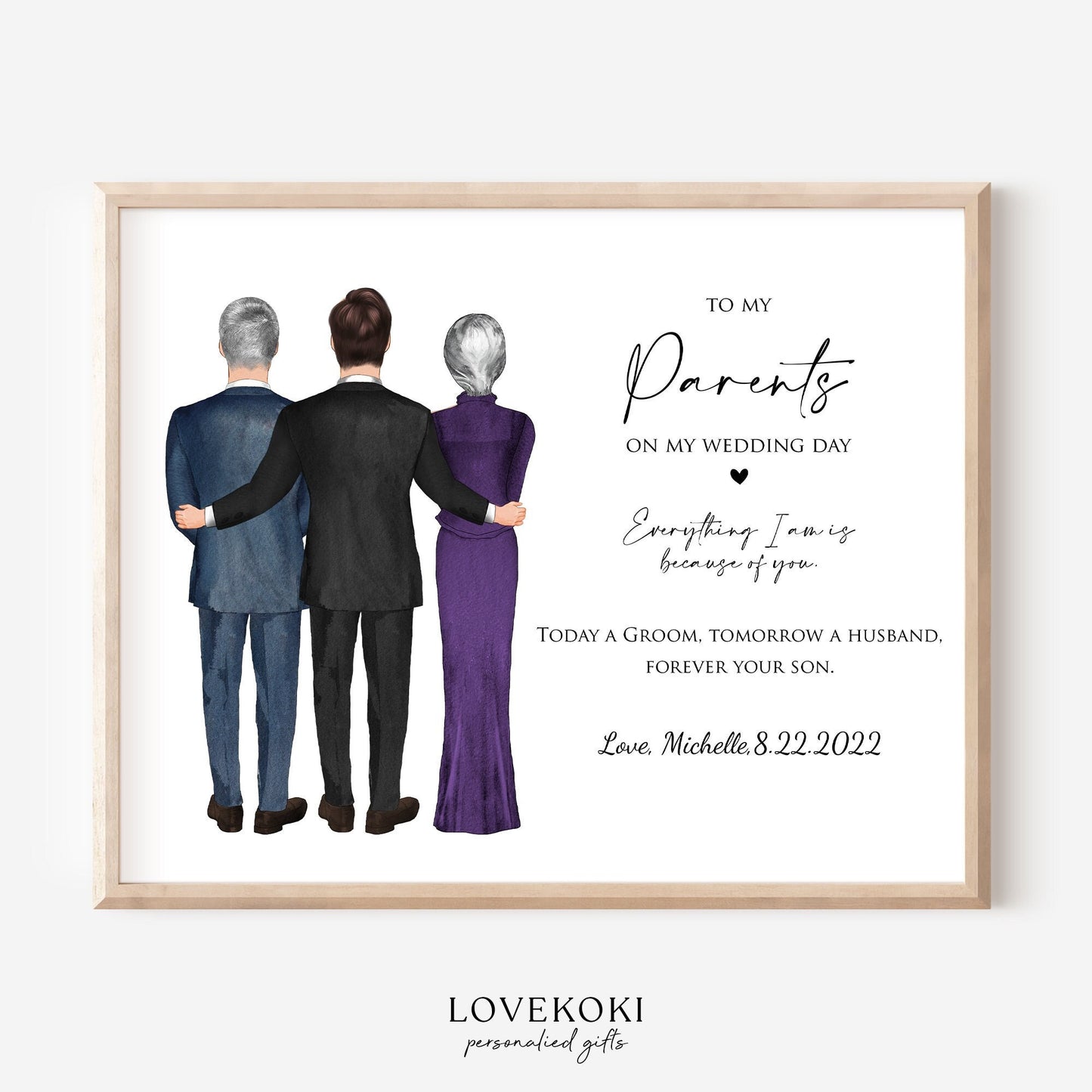 Wedding Illustration Wall Art Gift for Parents of the Groom on Wedding Day