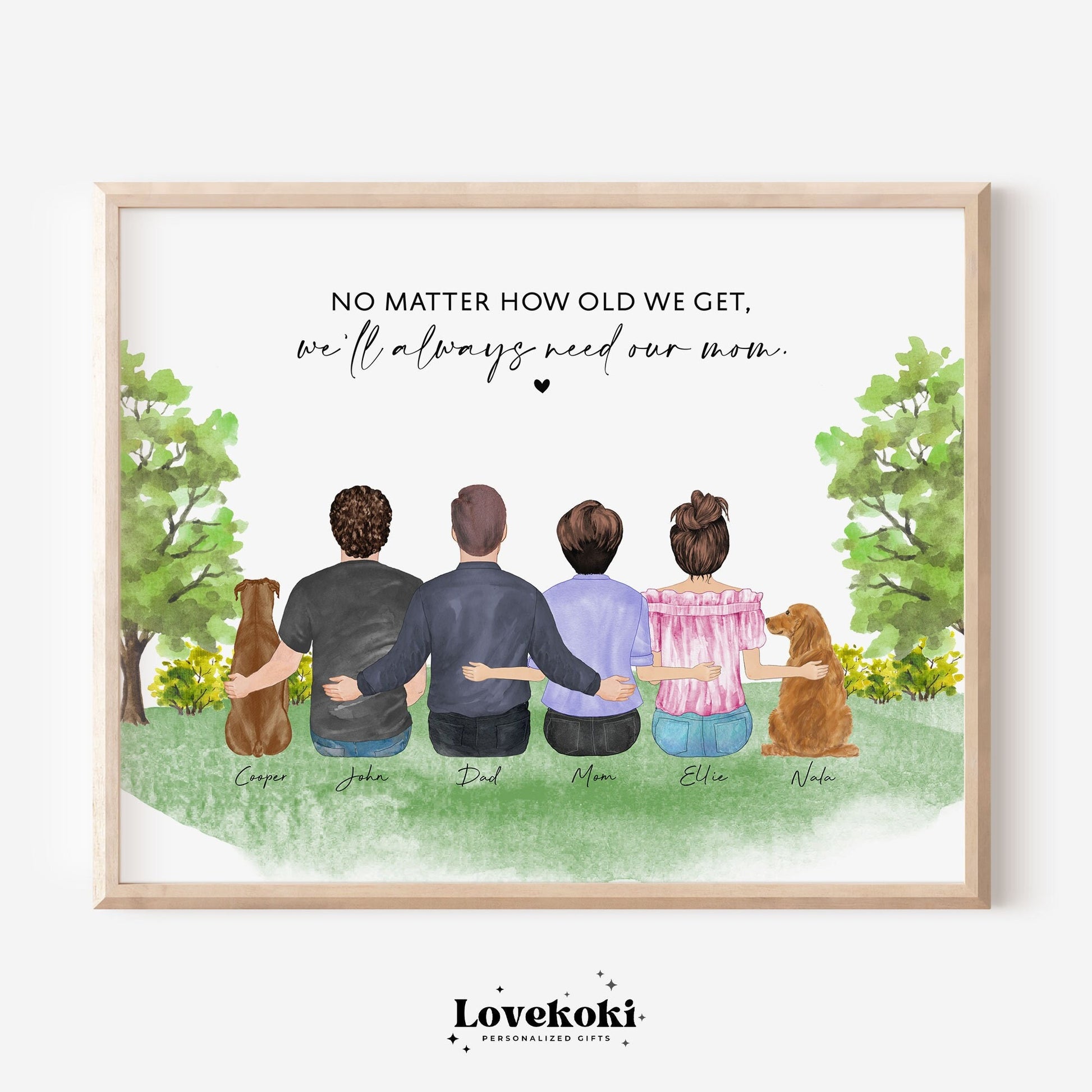 Custom Art Portrait of Mom and Children on Park Background with Quote "We Will Always Need Our Mom"