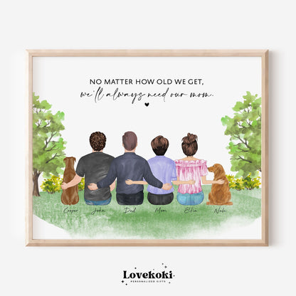 Custom Art Portrait of Mom and Children on Park Background with Quote "We Will Always Need Our Mom"