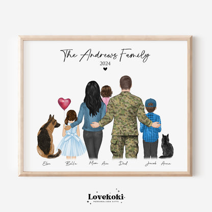 Custom Military Family Portrait with Pets, Birthday Gifts for Him, Personalized Fathers Day Gift for Army Family with dogs cats Drawing