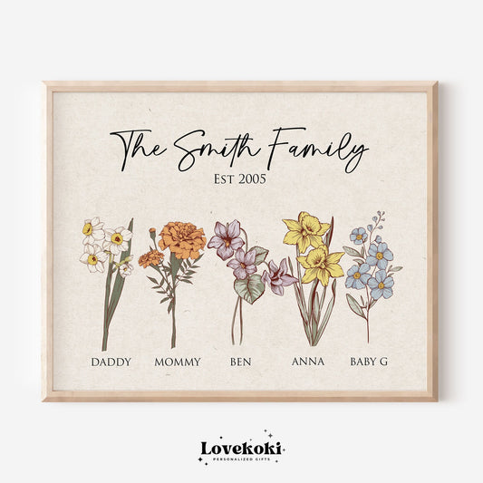 Family birth flower garden custom print