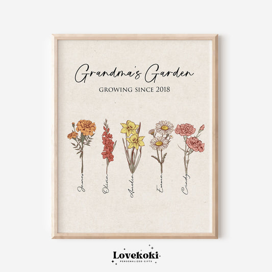 Grandmas Garden Mothers day gift Birth flower Wall Art