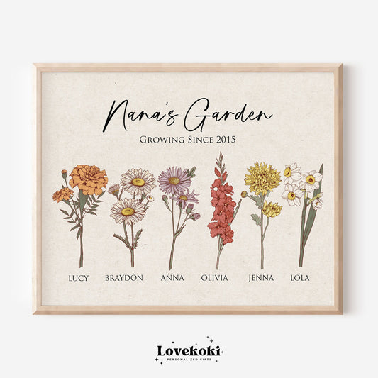 Mother's Day Gift for Grandma, Nana's Garden Custom Birth Flower Bouquet Wall Art, Gigi Gift, Personalized Antique Flower Digital Print