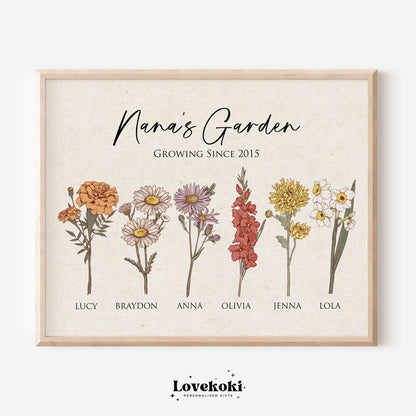 Mother's Day Gift for Grandma, Nana's Garden Custom Birth Flower Bouquet Wall Art, Gigi Gift, Personalized Antique Flower Digital Print