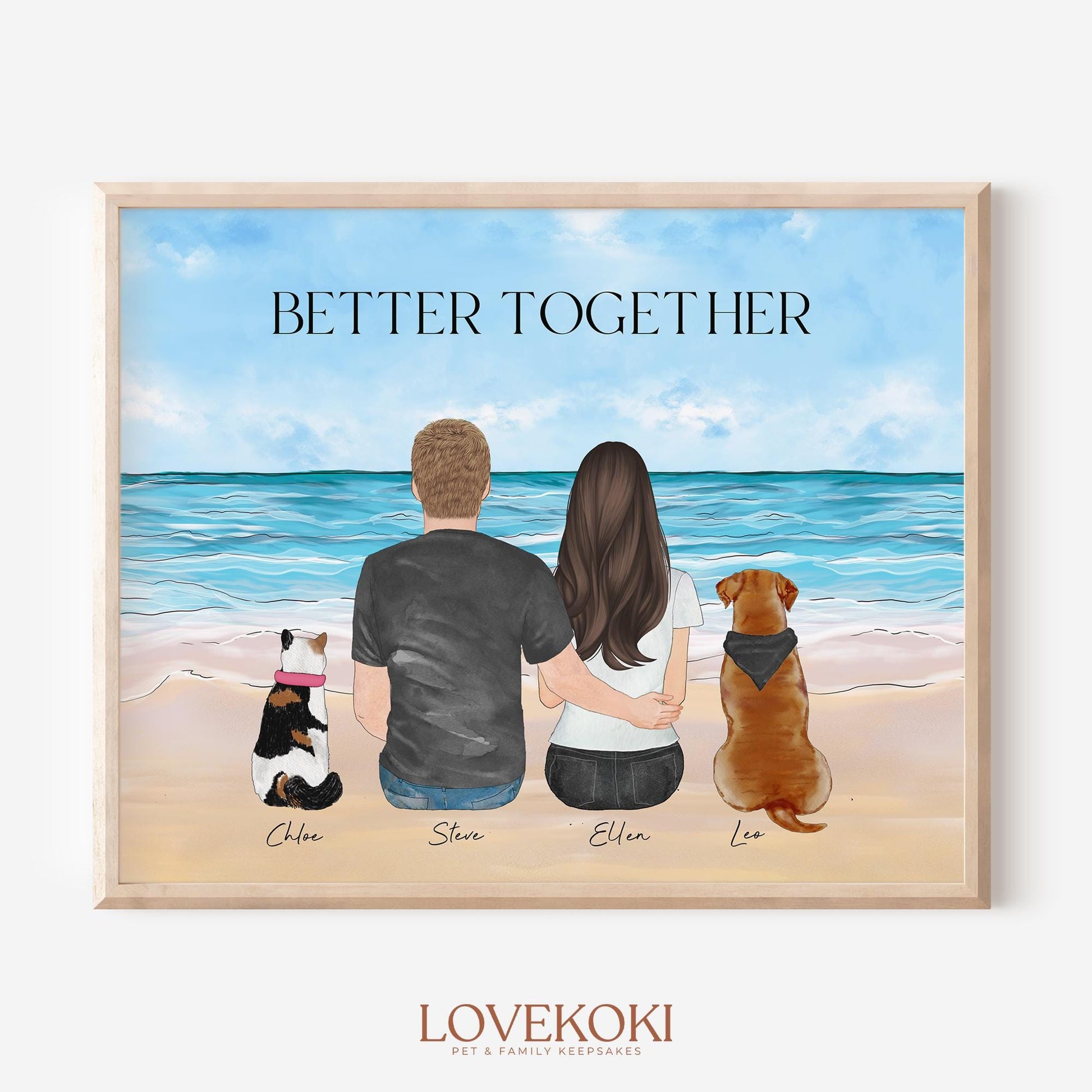 Custom Couple with Pet Portrait Illustration Wall Art Beach Background