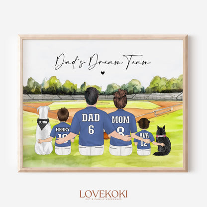 Custom Baseball Family Art Portrait with Pets