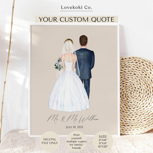 Bride and Groom Custom Wedding Portrait Illustration