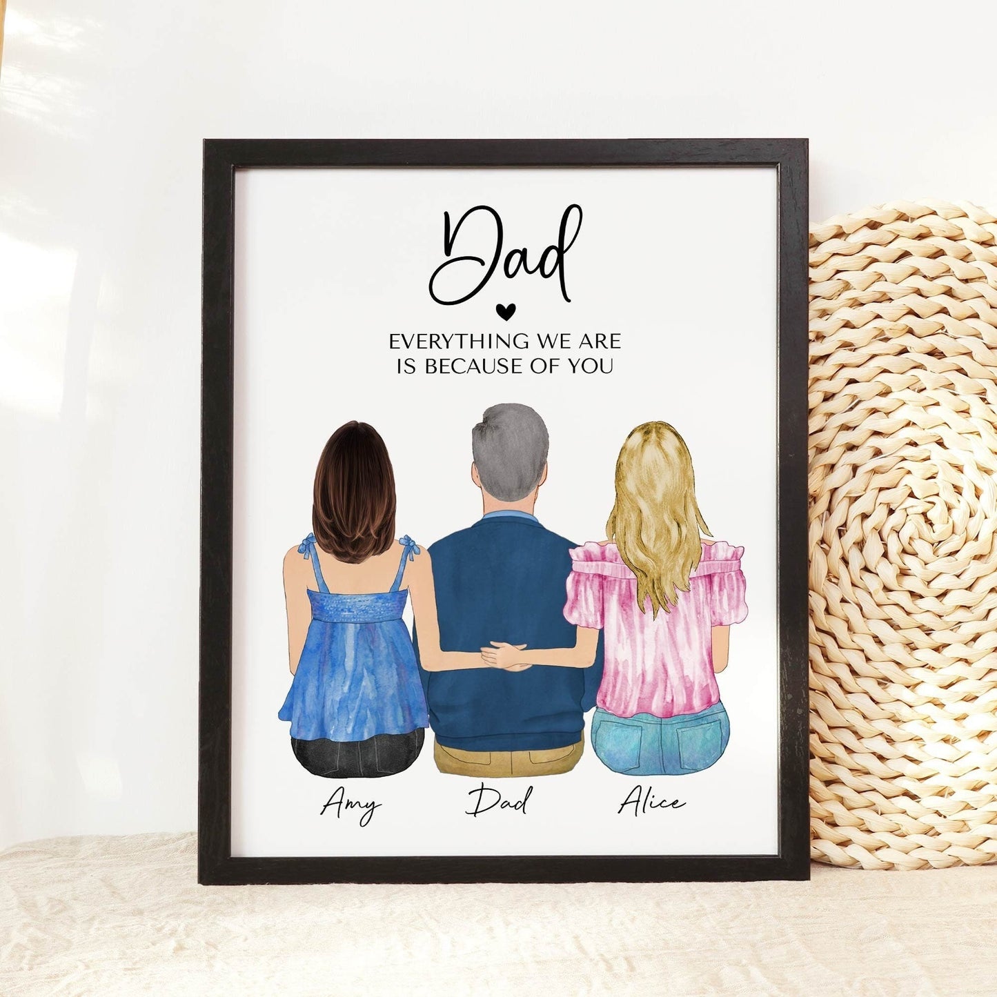 Personalized Father and Daughters Illustration Wall Art Print