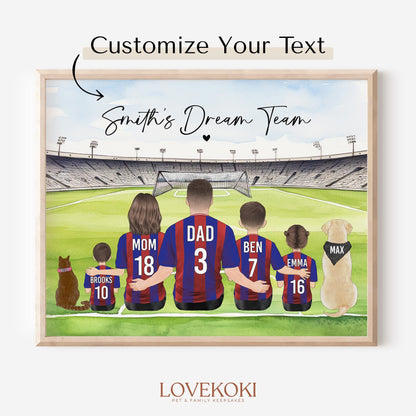 Custom family wall art with pet,Birthday Gift for husband,Soccer Mom Gift, Personalized Family Portrait for Fathers Day, Soccer Dad Gift