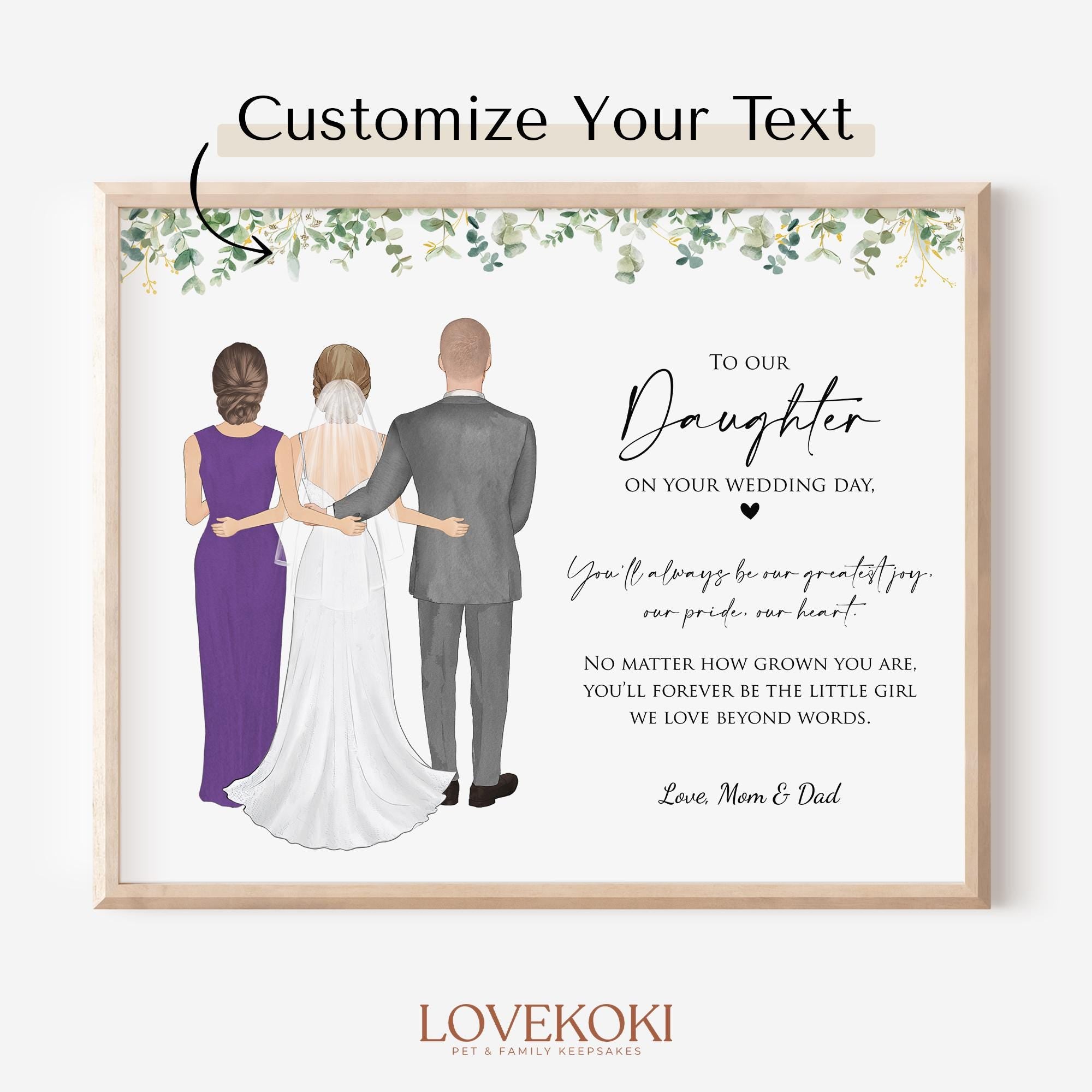 Daughter Wedding Day Gift, Daughter Wedding Card, Gift for Bride from Parents, Personalized Wedding Art, Custom Family Portrait Print