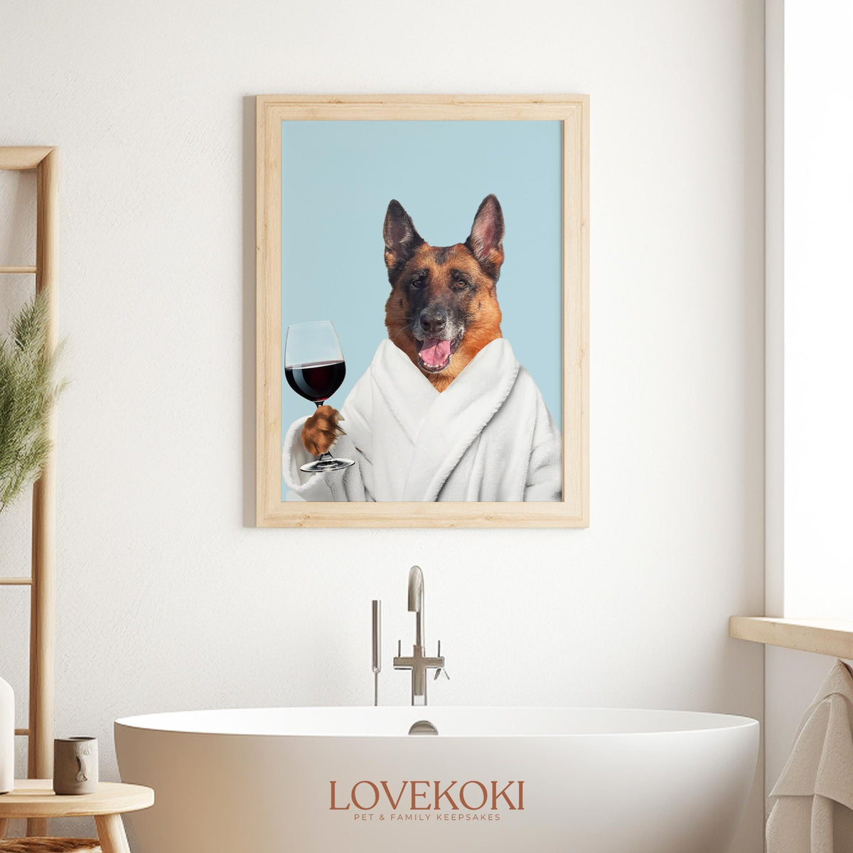 Funny Birthday Gift for Dog Mom & Dog Dad, Dog in Bathrobe Holding Wine, Custom Pet Portrait from Photo, Digital Print