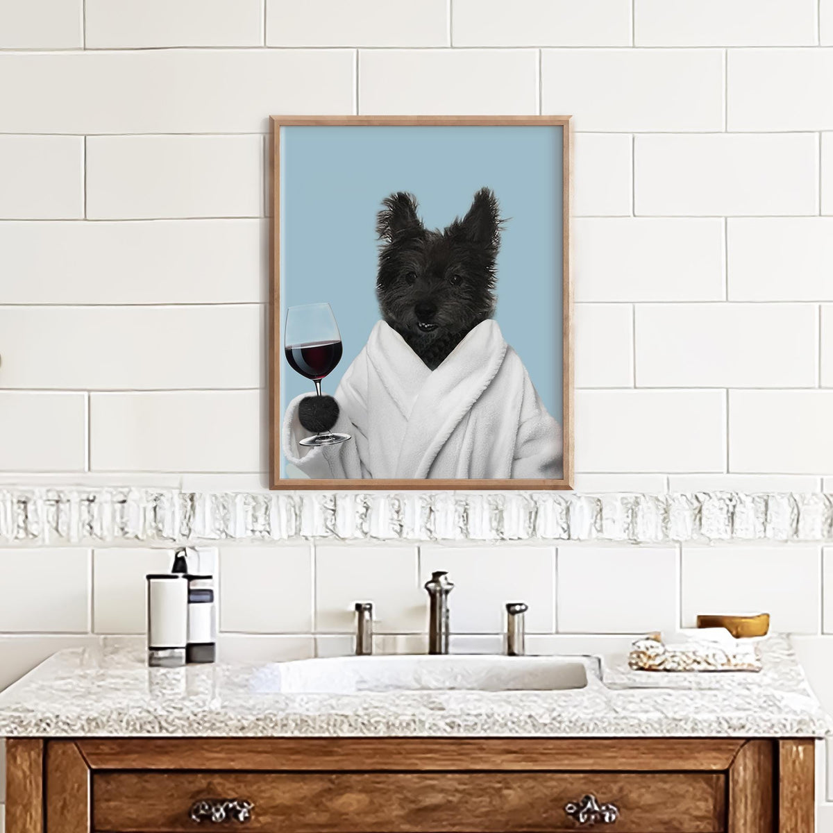 Funny Birthday Gift for Dog Mom & Dog Dad, Dog in Bathrobe Holding Wine, Custom Pet Portrait from Photo, Digital Print