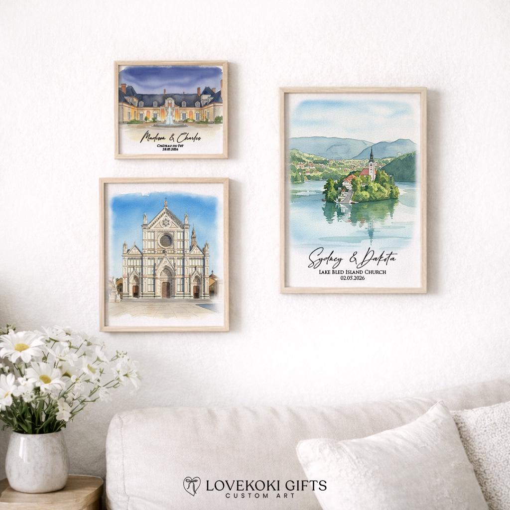 Custom Watercolor Wedding Venue Illustration, 1st Anniversary Gift, Venue Portrait from Photo, Personalized Wedding Gift