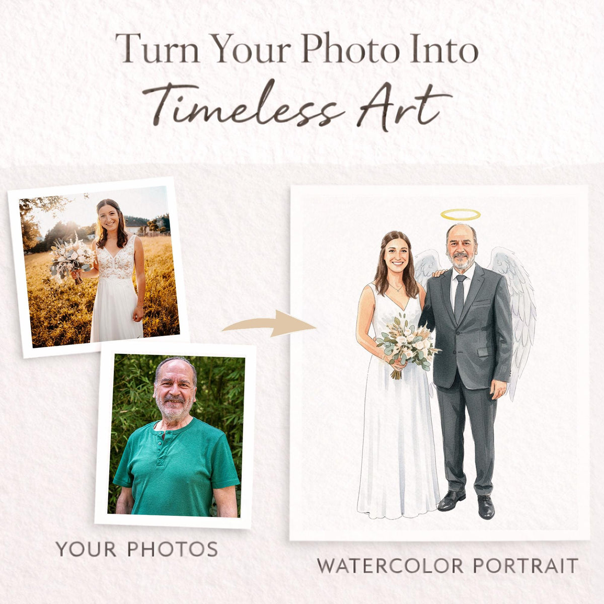 Wedding Memorial Portrait from Photo, Custom Grandpa Angel Portrait for Bride, In Loving Memory of Grandpa Gift, Canvas,Framed Print,Digital