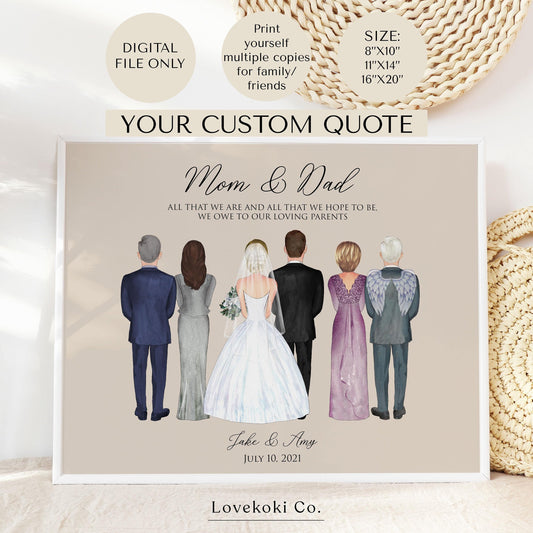 Bride and Groom and Parents Custom Wedding Illustration Art with Parents