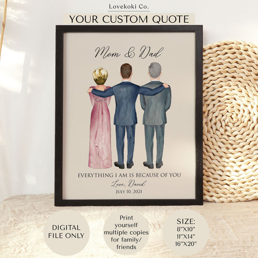 Groom and Parents Custom Wedding Illustration Art
