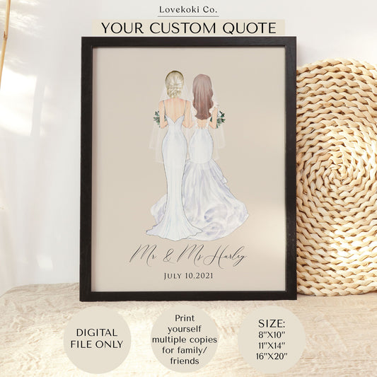 Mrs and Mrs Wedding Custom Illustration Wall Art