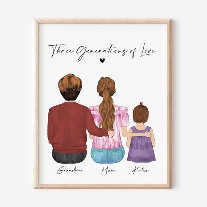 Three Generations of Love Print with Grandmother, Mother and daughter. Custom Grandma Portrait, Personalized Wall art gift for Valentine