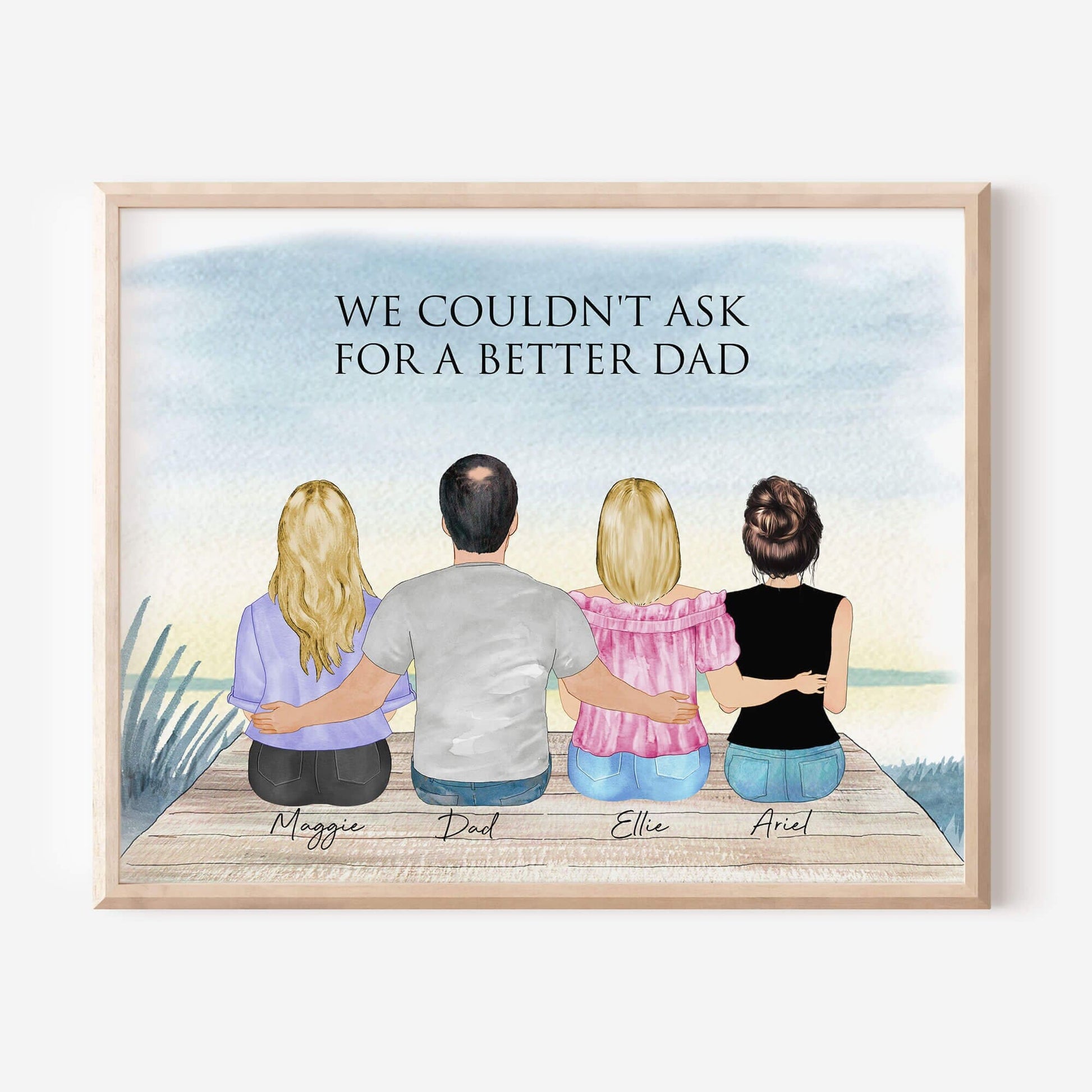 Valentine for Dad from Daughter Son, Father and Daughter Wall Art Illustration, Family Drawings with Lake Background, Dad and Sisters
