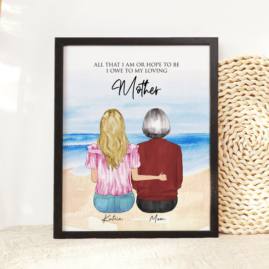 Personalized Wall Art for Mother and daughter with Beach Background, Mom Valentine gift from daughter, Customizable Birthday gift for mom