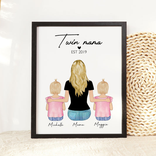 Twin Mama Valentine Gift, Mother of Twins Gift, Personalized Birthday Gift for Wife from Twin babies, Wall Art, Custom Family Portrait