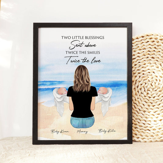 Valentine Gift for Twin Baby Mama, New Mom gift, Personalized Mother Baby Art, Custom Mom of Twins Wall Art, First Christmas as Mommy Print