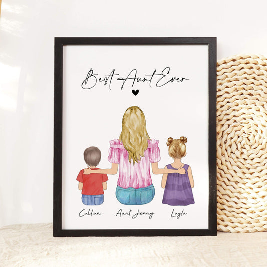 Personalized Aunt Gift from Nephew Niece, Valentine Auntie Gift, Family Portrait, Custom Gift for Aunt Birthday, Best Aunt Ever, Wall Art