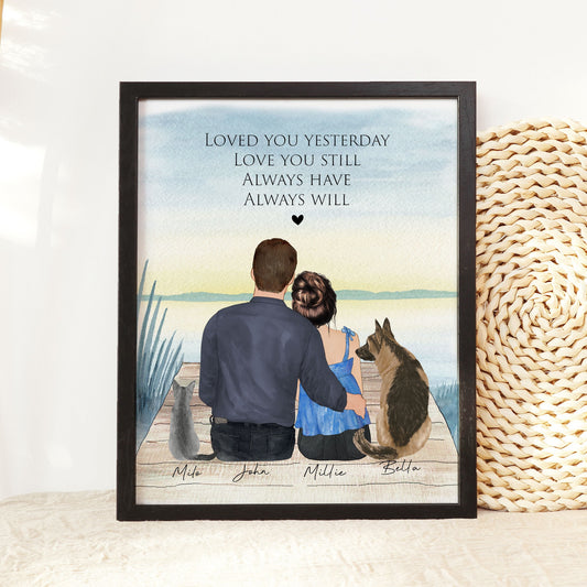 Personalized Couple portrait with pets, Dog illustration custom print, Anniversary gift, Engagement gift for couple with dog Christmas Gift