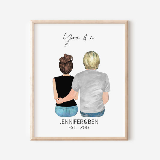 Valentines day gift for him, Personalized Couple Portrait Print, Custom Anniversary gift, Valentines gift art print, Mr & Mrs