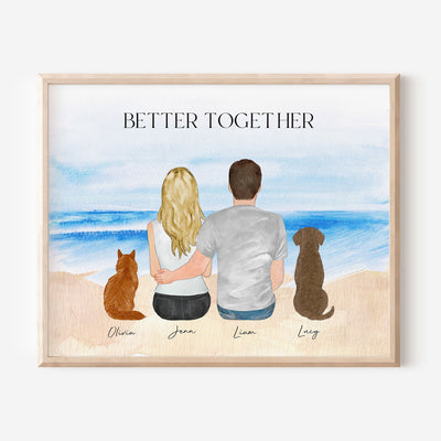 Valentine Gift for a Couple with Dog, Gift for Boyfriend, Wall Art, Custom Couple Portrait with Pet, Dog lover gift,Dog parents family print