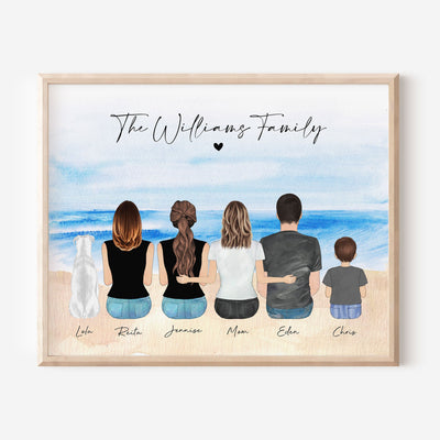 Valentines Day Gift for Mom From Daughter Son, Mother Birthday Gift, Custom Family Portrait on the Beach with pets, V-day Card Illustration