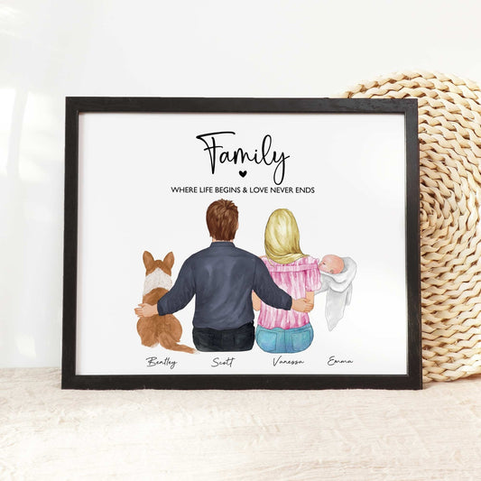 Customizable family wall art with baby and pet, Valentines card family gift, Dad Mom and Newborn illustration, personalized family portrait