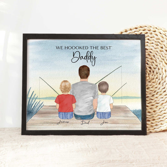Valentine Gift for Dad Fishing, Personalized Fishing Portrait, Grandpa gift fishing print, Hooked On Dad, Custom Family Fishing Wall Art,