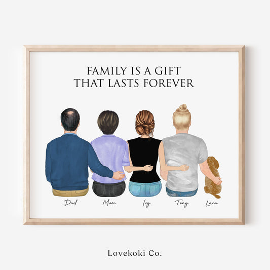 Valentine Gift for Mom or Dad from Daughter or Son, Custom Family Portrait. Personalized Parents Gift, Family Drawing Illustration Wall Art