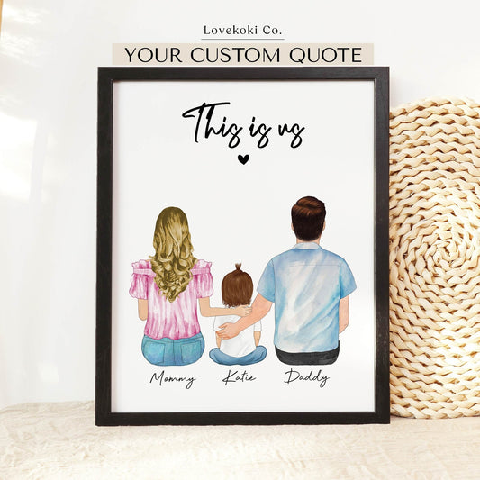 Valentines Gift for Family, New Family Portrait, V-day Card, Custom Family Portrait,Wall Art Illustration of Young Couple and kid and pet