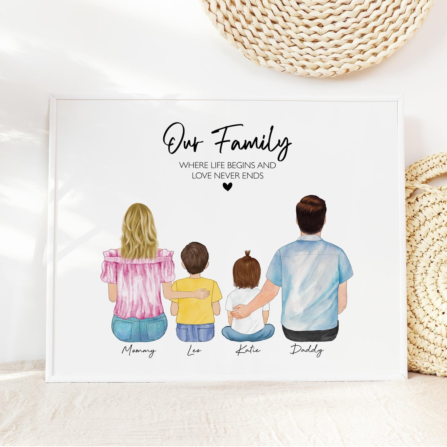 Valentine Gift for Family, New Family Portrait, Christmas Card, Custom Family Portrait,Wall Art Illustration of Young Couple and kid and pet