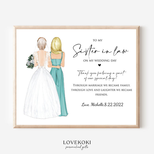 Sister in Law Wedding Illustration Wall Art Gift from Bride on Wedding day