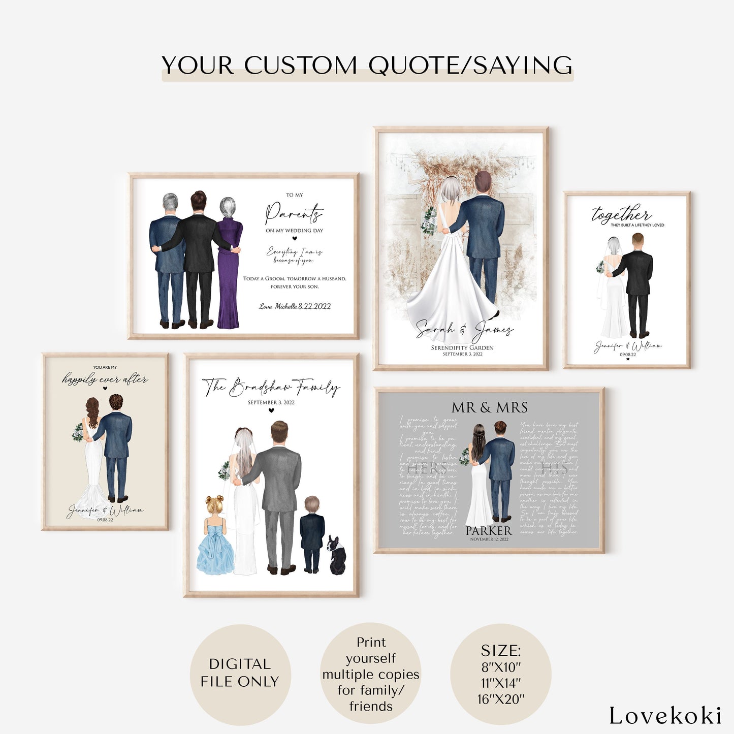 Wedding Illustration Wall Art with Custom Altar Background for Couple