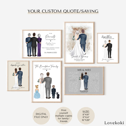 Wedding Illustration Wall Art with Custom Altar Background for Couple with Pets