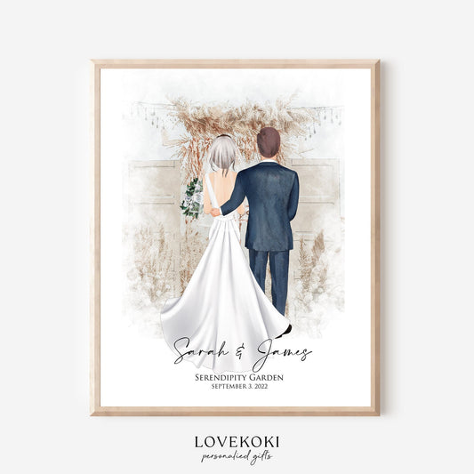 Wedding Illustration Wall Art with Custom Altar Background for Couple